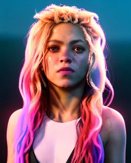 portrait, Shakira, blonde artist, Realistic image, drinking a strawberry milkshake, pink line make-up, sweat, fog, goddess style, Neon colors, leds. Color background, photo studio, concept art, smooth, unreal engine 5, god lights, ray tracing, RTX, lumen lighting, ultra detail, volumetric lighting, 3d, finely drawn, high definition, 4k.