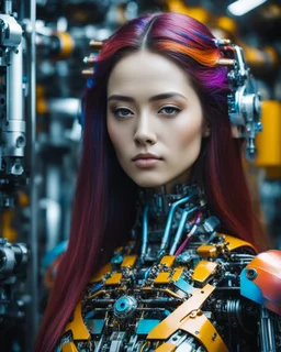 Half body photography cinematography colors a beautiful woman long hair humanoid robot in between two rows of complex machinery with vibrant colors