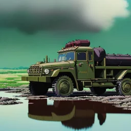 hyperrealistic shot, muddy military toy truck, monotone color palette, sharp focus, puddle reflection, tire water splash, refraction, mist on the horizon, shadowcast, detailed and intricate, cinematic composition, micro, tilt shift photography