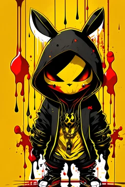 cartoon character of a person with a hoodie , in style of cytus and deemo, ork, gold chains, realistic anime cat, dripping black goo, lineage revolution style, thug life, cute anthropomorphic bunny, balrog, arknights, aliased, very buff, black and red and yellow paint, painting illustration collage style, character composition in vector with white background