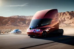 A Tesla 'Semi' (semi truck) is going at a high speed, in the Mojave Desert. (CINEMATIC, WIDE ANGLE LENS, PHOTO REAL)