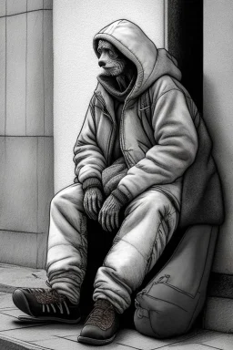 One single mature homeless cockatoo with worn out clothes, sleeping in a corner on the street, Vienna, mourning, model style, hyper realistic, extremely accurate, delicate, extremely detailed, Graphic novel style, wide-angle, open aperture, superfine pencil