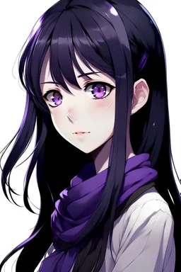 (masterpiece), best quality, expressive eyes, perfect face, (dark shiny silky black haired), violet eyes girl with a violet scarf, long hair, neutral expression, closed mouth, black school uniform, (facing forward, face profile), shot against white background