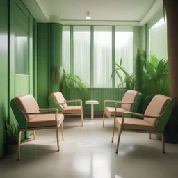 Salle d'attente, hôpital, chaises vert es pastel, et bois, dans la jubgle