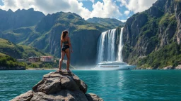 a picture of natural landscape that includes majestic mountains and a serene countryside. Additionally, incorporate details about a stunning, large waterfall that enhances the beauty of the scene. The output should be structured as a narrative, painting a clear image with rich, descriptive language that evokes the sights and sounds of this beautiful environment water fall falls to a big sea with modern ship in it.a fullbody lady in One Piece - Athletic Swimsuit,standing over a rock at hight