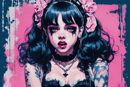 Poster in two gradually, a one side malevolent goth vampire girl face and other side the Singer Melanie Martinez face, full body, painting by Yoji Shinkawa, darkblue and pink tones,