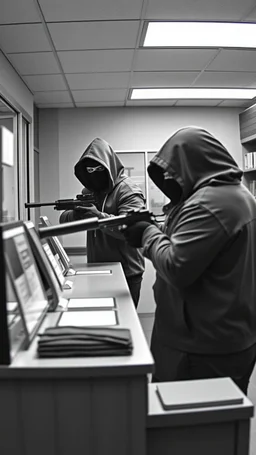 Bank robbery by hooded masked thieves, one of them standing on a counter pointing his machine gun to bank employees