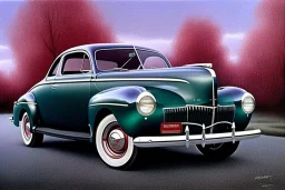 a true-to-life 1940 ford coupe, two-tone paintwork, classic hotrod wheels, pen and color marker, centered, intricate, extreme detailed, photorealism, center view, 1950s suburbs background, pivot on ford, painting by cheryl kelley