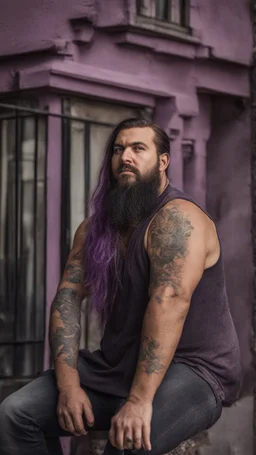 full figure photography of a hippy gipsy burly muscular chubby strong man 31 years old with long raided beard, shaved hair, tattoo, photorealistic ,dressed with a purple ripped t-shirt, side light, outdoor in a dirty street