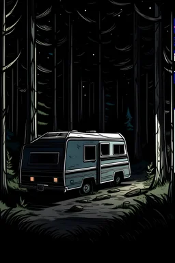 Create an image of a rv stranded in the woods in a dark forest. (Make it seem like a 15 year old drew it for a school assignment make it super simple)