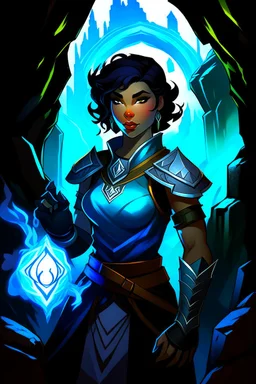 Korra the Avatar as a female Moonelf twilight cleric with black, very curly, very short hair and blue eyes, wearing gray armour. Etheral, muscular. Standing in a dark cave.