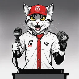 a drawing of a manga cat man with a sports cap and shirt, speaking at a (((lectern))) with a microphone, red, white and black colors, cat white and black colors, smiling cat