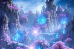 blue crystals dwellings of eldervale fleuri buganvillier rose, soleil,lac bleu, lumieres bleu,pont fleuri, cascade bleu