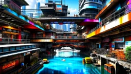 Water-level view of buildings made of reused dirty rusty metal on a futuristic canal junction, cyberpunk, many painted colours, flying boats, balconies, bridges, people, shopping, eating, walking, fifth element, ghost in the shell, altered carbon