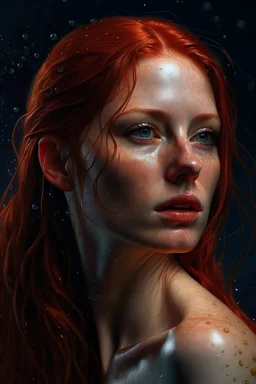 cosmos woman, redhair, photorealistic, wet skin