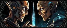 Close-up confrontation between an ancient alien outcast leader synth and a space broker, standing only a meter apart, intense eye contact, glowing crystalline rod between them, anger mixed with sadness, dramatic facial expressions, shallow depth of field, cinematic lighting, stylized 3D anime, airbrush painting, crisp outlines, escher , rembrandt , black swirly border with sacred geometry, characters drawn in front of border