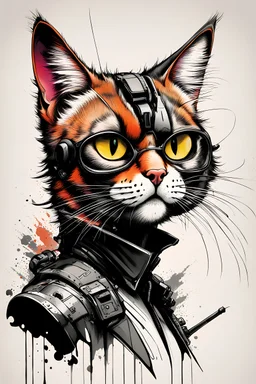 create a wild caricature of a cyberpunk female mercenary cat highly detailed with refined feline features in the caricature style of Gerald Scarfe and Ralph Steadman, precisely drawn, boldly inked, vividly colored, 4k
