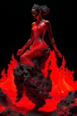 Behold a mesmerizing masterpiece portraying the full embodiment of fiery elegance as a woman crafted entirely of molten lava commands the canvas with her captivating presence, the artwork is highly detailed and exudes intricate textures, showcasing the smooth, fluid-like nature of the molten lava, the lighting accentuates the fiery glow, casting vibrant and dynamic shadows that dance across the scene, this digital illustration, reminiscent of artwork by ruan jia, Mandy Jurgens, Artgerm, and zdis