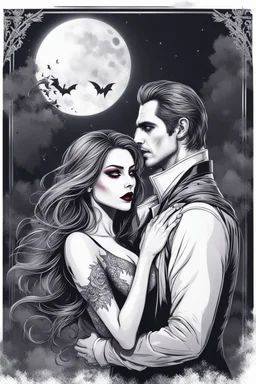 Beautiful vampire woman and man, he is embracing her in her neck, 8k, highly detailed, super realistic