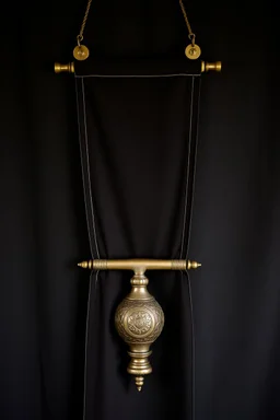 darker textured hanging fabric background, with decorative brass corners at top, and a heavy brass decorative element clamped across the bottom