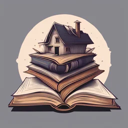 The logo consists of an open book on top of several closed books. A house sits on top of the open book. Illustrative drawing style