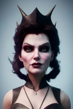 Amy Dumas as evil queen in black leather, leather, busty, cleavage, angry, rage, stern look. character design by cory loftis, fenghua zhong, ryohei hase, ismail inceoglu and ruan jia. unreal engine 5, artistic lighting, highly detailed, photorealistic, fantasy