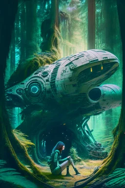 spaceship in a forest glade with a woman kneeling under it fixing something