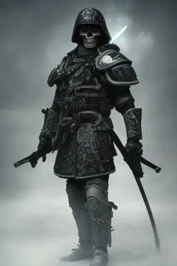 All Black Jqpanese soldier, high tech skull special forces helmet, samurai soldier, white smoke, dark, rage, sorrow, high definition, ultra 8 k, volumetric lighting, blue fire, fog