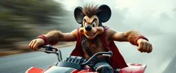 hi speed bad ass cyber punk masculine realistic mickey mouse rambo humanoid with hairy arms and chest, on quad, motion blurred background