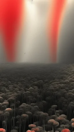 Bosch nightmares paining style Title:a field of poppies all colored in black and white, on red rose standing in the middle , 8k artistic photography, photorealistic concept art, soft natural volumetric cinematic perfect light, chiaroscuro, award-winning photograph, masterpiece, oil on canvas, Raphael, Caravaggio, Greg Rutkowski, people, beksinski, Giger