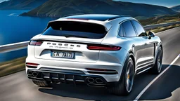 A sleek white shiny (((Porsche Bntayga SUPER))), its contours and details perfectly captured in a (((cinematic view))), zipping along a winding road under a beautiful blue black night sky