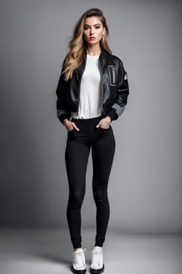 fullbody shot of young-beautiful-girl-with-a-perfect-face-with-make-up-wearing- sport pants and jacket standing , prophesional photography studio