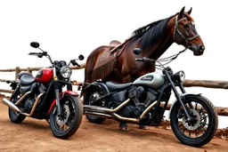 a motorcycle(harley davidson pan america 1250) next to a different motorcycle(Indian Springfield Dark Horse) , next to a horse who's tied by the reins to a wood railing. white background. dirt ground. silkscreen style image