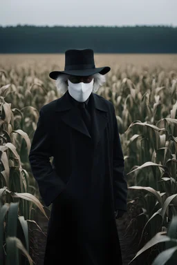 photo raw, 8k uhd, 1990s film still, front man in black trenchcoat and black hat, wearing white plastic halloween mask, white hair, in the middle of a dark corn field, sharp focus, realistic,