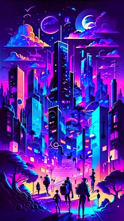 illustrations with a professional art style that show people learn artificial intelligence, use colorful and midnight city theme as a background, make it outstanding