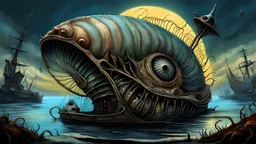 alien nautilus in the style of, gore, horror, eerie, dark fantasy; HDR, UHD, TXAA, Ralph Steadman, Seb Mckinnon, impressionism, dadaism, surrealism in the style of, gore, horror, eerie, dark fantasy; HDR, UHD, TXAA, Ralph Steadman, Seb Mckinnon, impressionism, dadaism, surrealism