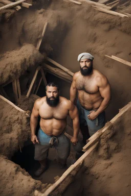 aerial top view shot photography of two ugly 40 year old beefy big robust burly arab carpenters relaxing in the mud, dirty and wet, wearing bulging shorts, tank top, hairy chest, serious, very virile, long beard, curly hair,, , in a sunny construction work area, photorealistic , photorealistic, aerial view top view