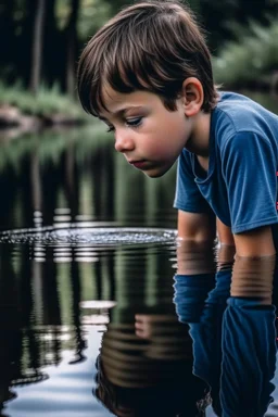 Boy looking at reflection in water