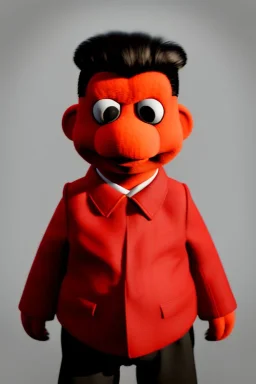 Waist up muppet Portrait, Kim Jong-un muppet doll, black suit, photo studio, red background, unreal engine 5, concept art, art station, god lights, ray tracing, RTX, lumen lighting, ultra detail, volumetric lighting, 3d.