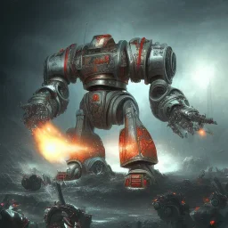 40K robot brutal warr, scify, dark , flames