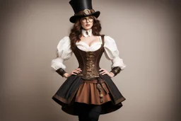 Классический стимпанк: корсет с латунными пряжками, буфы рукавов, юбка-карандаш или пышная многослойная юбка из тяжелых тканей, сочетание кожаных и матерчатых деталей. Добавьте цилиндр или шляпу-ведро с украшениями, очки-авиаторы или монокль.