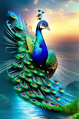 beautiful peacock, beach, mystical, dreamlike, romanticism, fine detail, high quality, raining, rain droplets, beautiful colors, soft lighting,