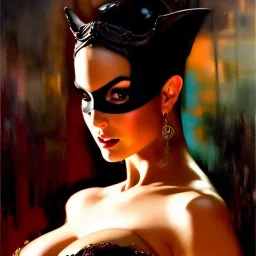 Drawing of beautiful face,'beautiful ,Busty CAtWoman',intense stare, ancient skintight armor, balanciaga fashion clothe painting by gaston bussiere, greg rutkowski, yoji shinkawa, yoshitaka amano, tsutomu nihei, donato giancola, tim hildebrandt, Oil on canvas, cinematic composition, extreme detail,fit full head inside picture,16k