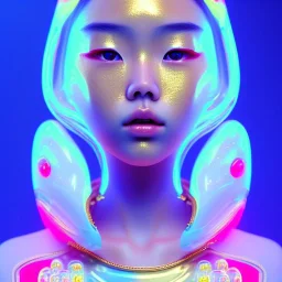 asian woman teenager, few freckles, gold teeth, padded coat, soap bubbles floating, retro futuristic, latex dress, gradient color, BLUE, PINK, CYAN, neon, insanely detailed, 16k resolution, perfect eyes, cinematic smooth, intricate detail