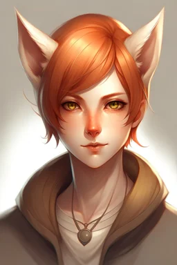 An adult female with short red hair, gold eyes, large fox ears, slight smile, pale skin