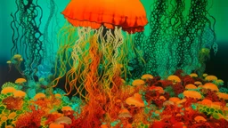 An orange colored underwater reef with jellyfish designed in Moroccan rug art painted by Andy Warhol