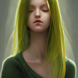 beautiful feminine face! portrait of young woman blessed by god with ever - increasing physical and mental perfection, yellow to green hair, symmetrical! intricate, elegant, highly detailed, vision of holy perfection!! smile, digital painting, artstation, concept art, smooth, sharp focus, illustration, art by artgerm and greg rutkowski and alphonse mucha