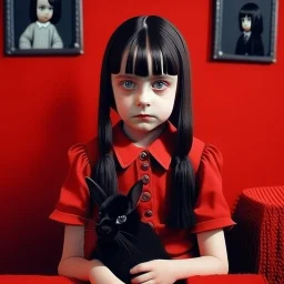 Cute wednesday addams as a child, braids, a frange, with a black rabbit, polaroid, 1970s, empty red room, no emotion on her cold face