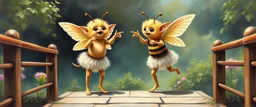 two totally symmetric dancing fluffy angel gremlin slug bumblebee nice cheerleader singing on bridge pointing down in garden , full body portrait T-pose strong aura, oil painting and air brush