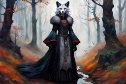 full body, close up fantasy portrait, of a cool female silver fox goth , with highly detailed hair and facial features, in a flowing, ornate peasant dress in a foggy, otherworldly, mystical and enchanted forest ,in the painting style of Egon Schiele, Arthur Streeton and Peter Wileman in vibrant autumnal colors